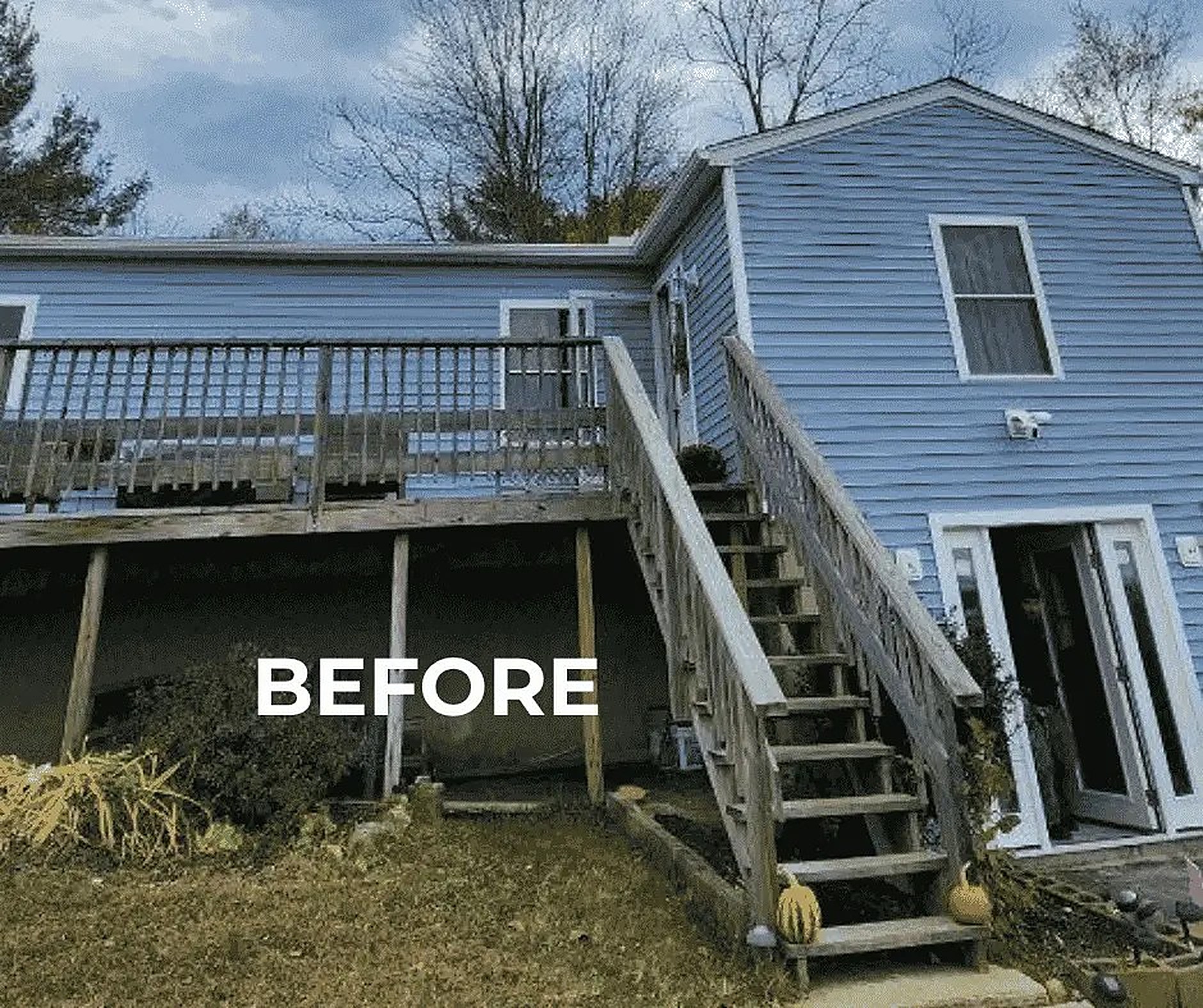 Before: New siding, deck and entry on a shoreline colonial