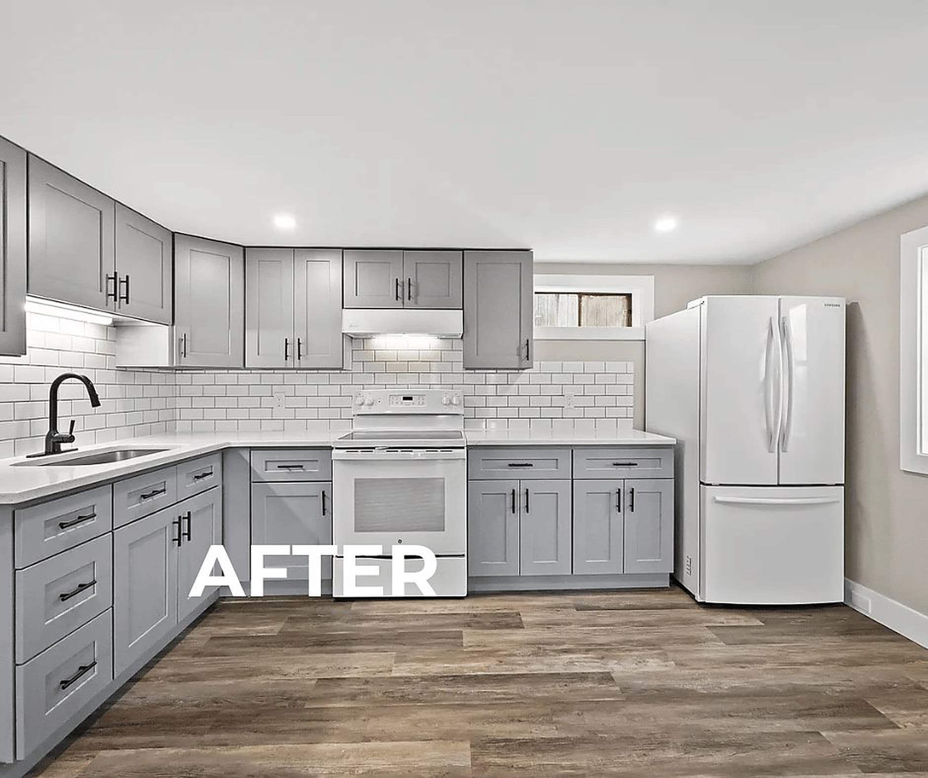 After: Oak cabinets out, grey shaker kitchen in