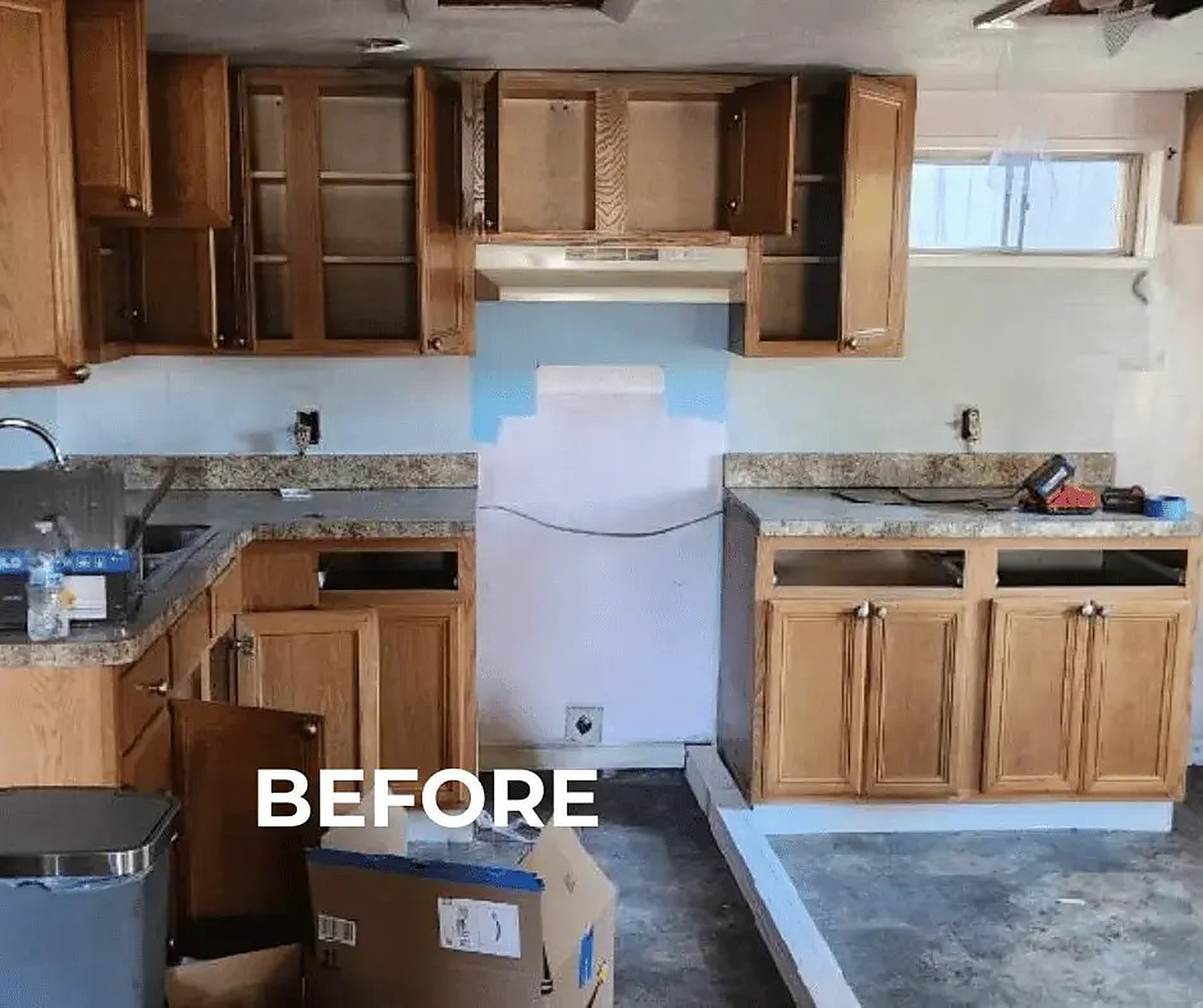 Before: Oak cabinets out, grey shaker kitchen in